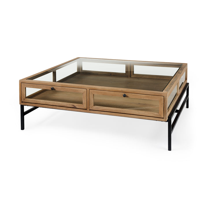 Arelius 42" Square Glass-Top Light Brown w/ Black Metal Base Display Coffee Table Living Room Mercana