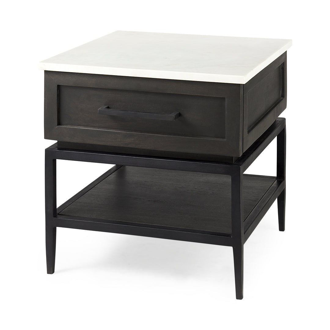 Divina Black-Brown Wood w/ White Marble Top and Black Metal Base 1 Drawer Side Table Dining Room Mercana