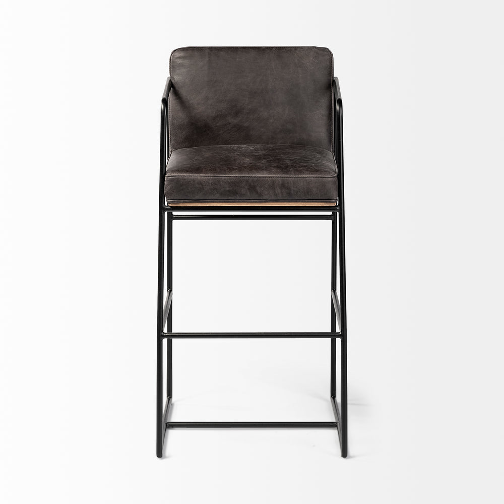 Stamford 40" Total Height Black Leather Seat w/ Wood Back, Metal Frame Bar Stool Dining Room Mercana