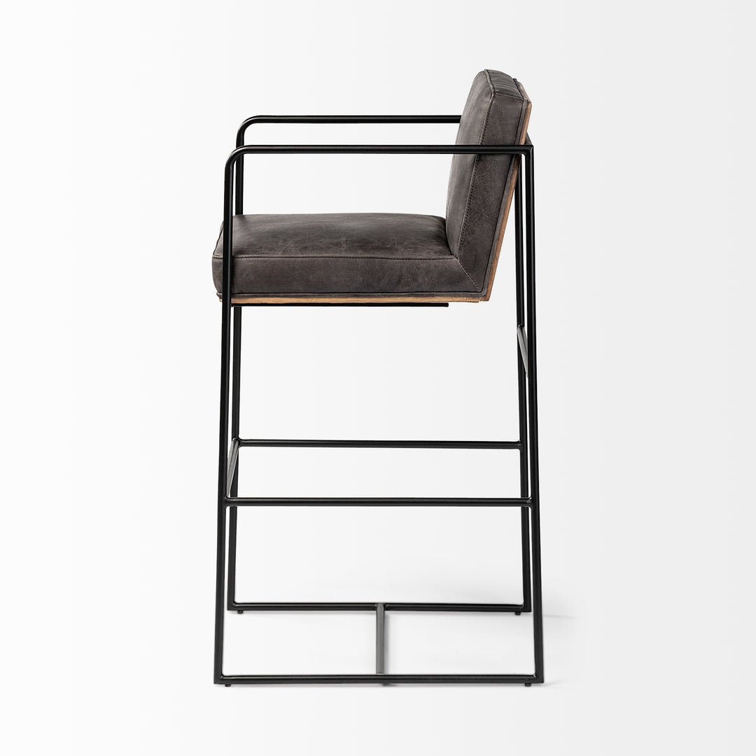 Stamford 40" Total Height Black Leather Seat w/ Wood Back, Metal Frame Bar Stool Dining Room Mercana