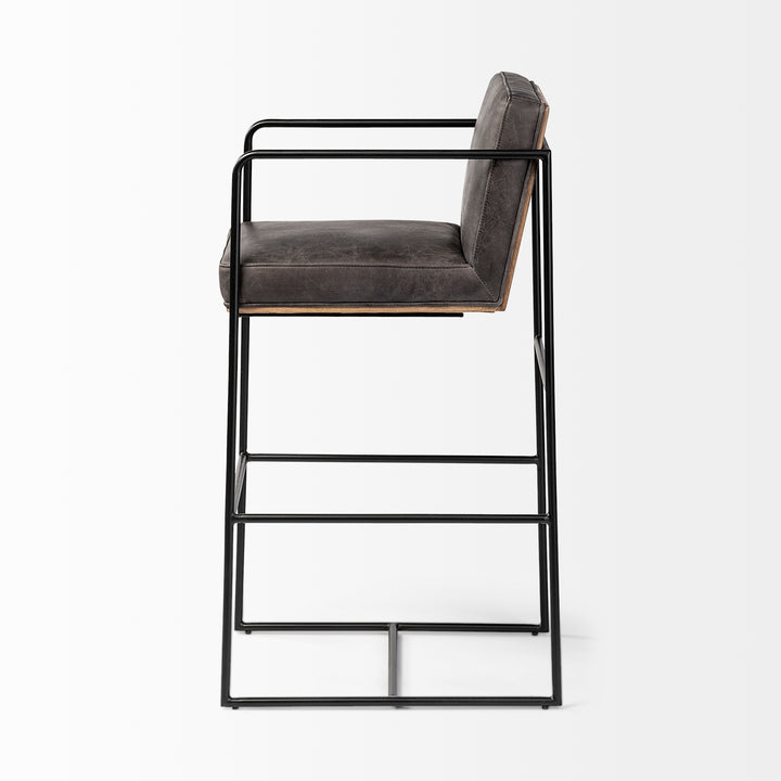 Stamford 40" Total Height Black Leather Seat w/ Wood Back, Metal Frame Bar Stool Dining Room Mercana