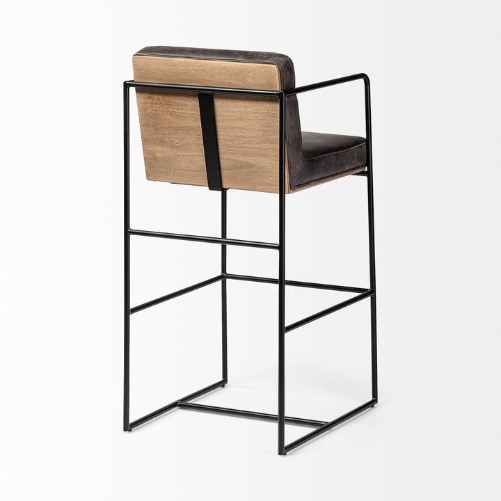 Stamford 40" Total Height Black Leather Seat w/ Wood Back, Metal Frame Bar Stool Dining Room Mercana