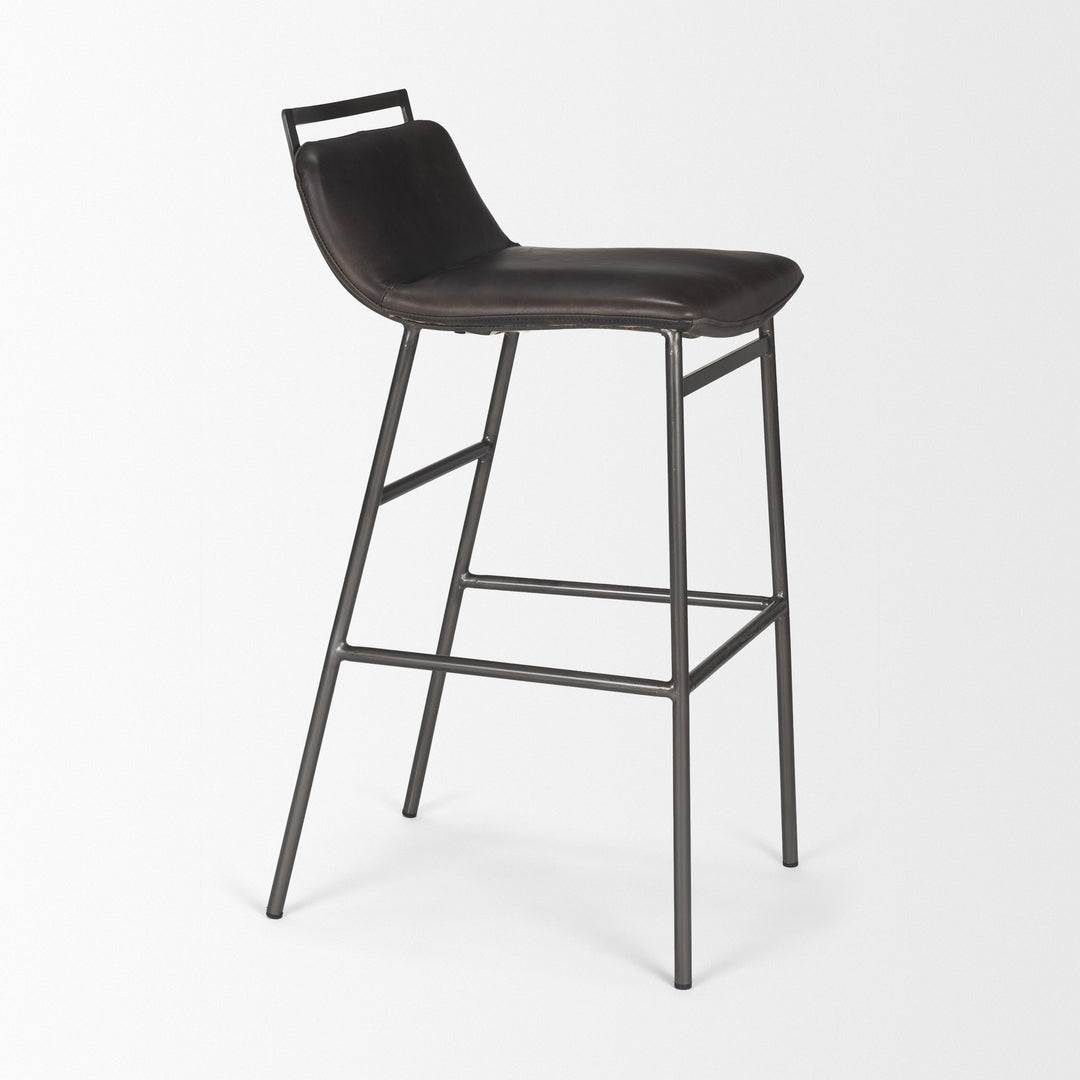 Kavalan 37.5" Total Height Ebony Leather Seat Black Metal Frame Bar Stool Dining Room Mercana