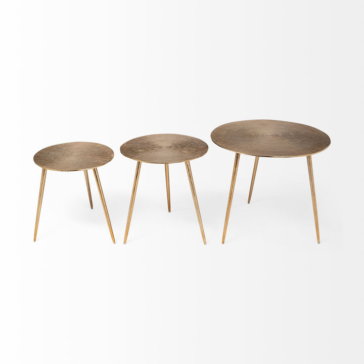 Reva III (Small) 16L x 16W Gold Round Top Cast Aluminum Accent Table Dining Room Mercana