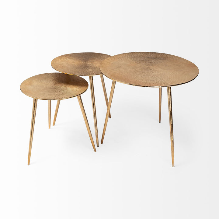Reva I (Large) 24L x 24W Gold Round Top Cast Aluminum Accent Table Dining Room Mercana