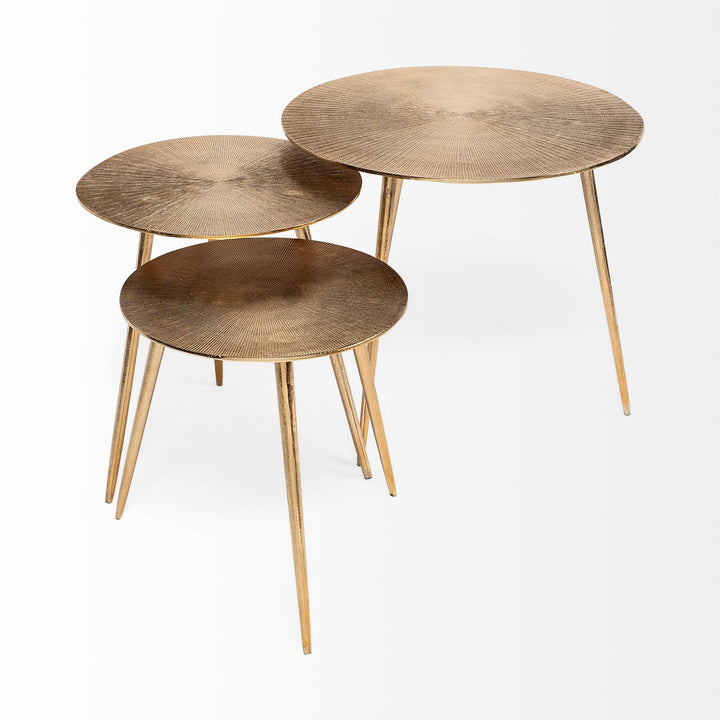 Reva I (Large) 24L x 24W Gold Round Top Cast Aluminum Accent Table Dining Room Mercana