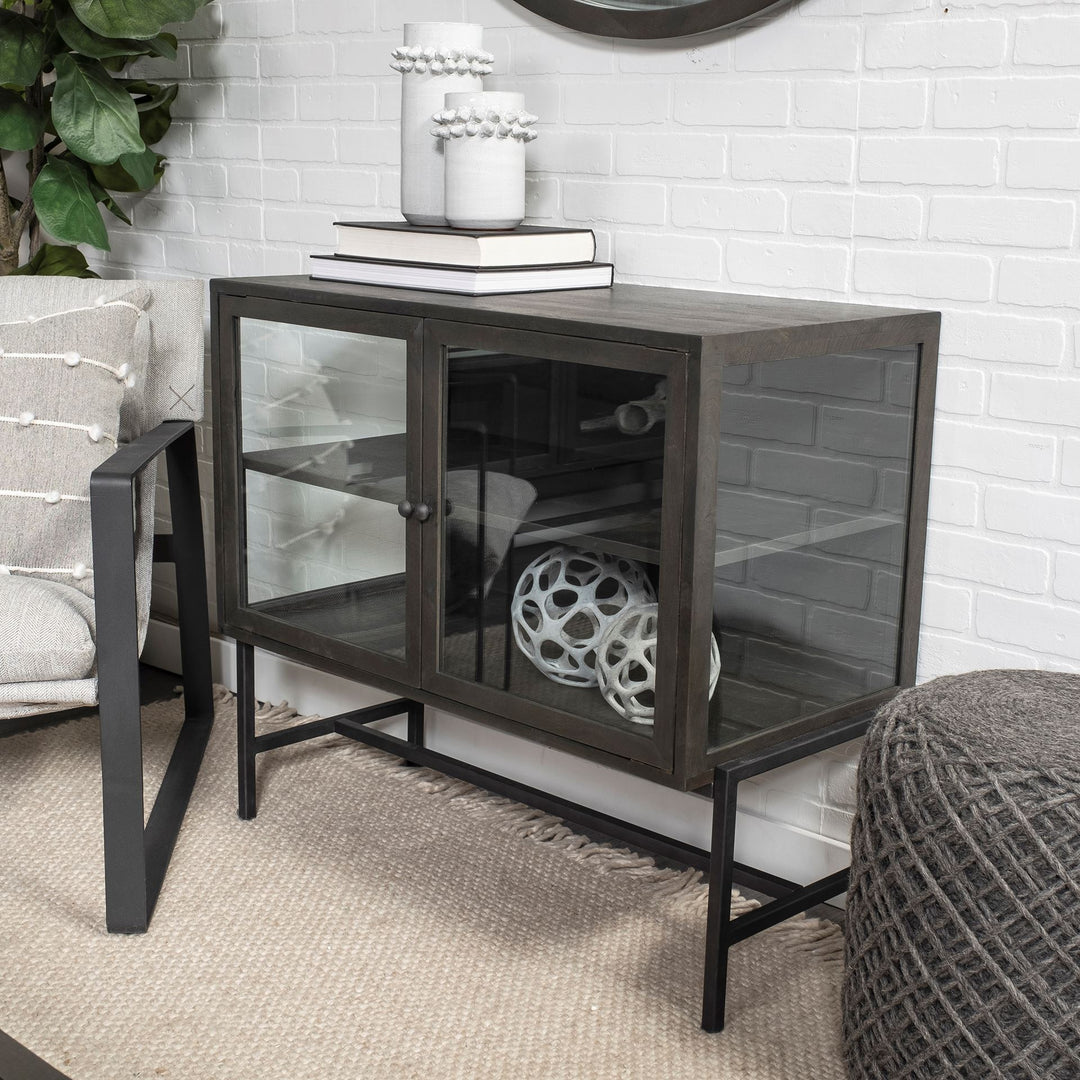 Arelius 36L x 18W Black-Brown Wood, Black Metal Base w/ 2 Glass Doors Accent Cabinet Decor Mercana