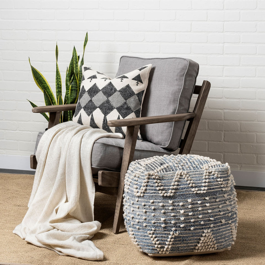 Rofi Blue Denim and Cream Cotton Stitched Square Pouf Living Room Mercana