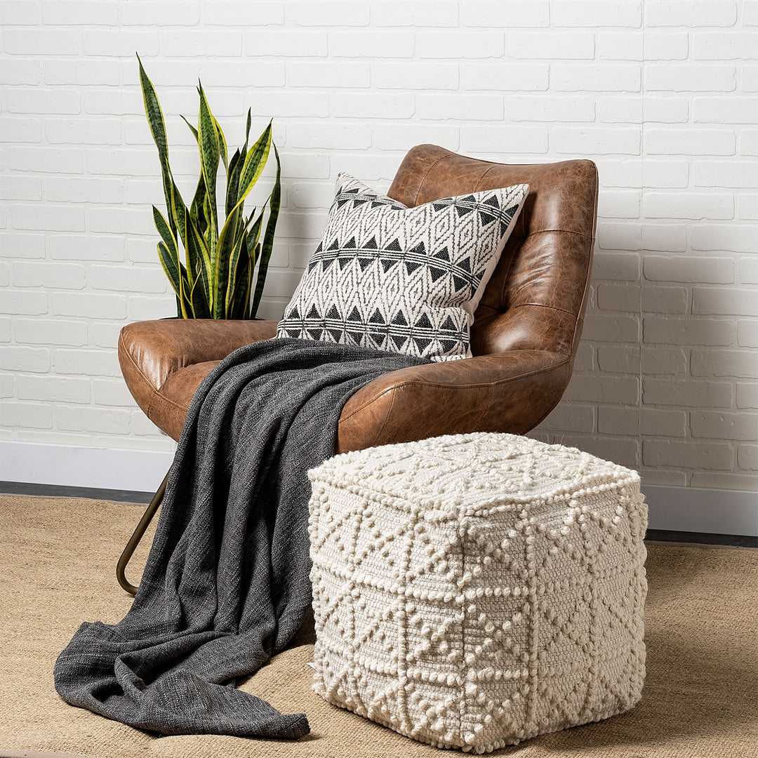 Leroy Square Cream Wool Pouf w/ Popcorn Detail Living Room Mercana
