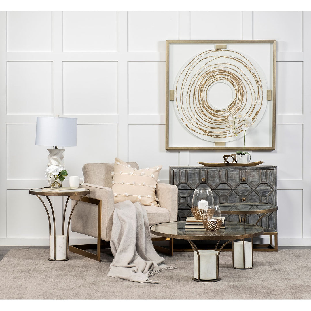 Jacinta II 21" Round Glass Top Metal and Marble Pedestal End/Side Table Living Room Mercana