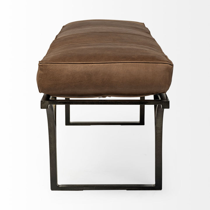 Jessie 55L x 16W Brown Leather Seat W/Black Metal Base Accent Bench Living Room Mercana