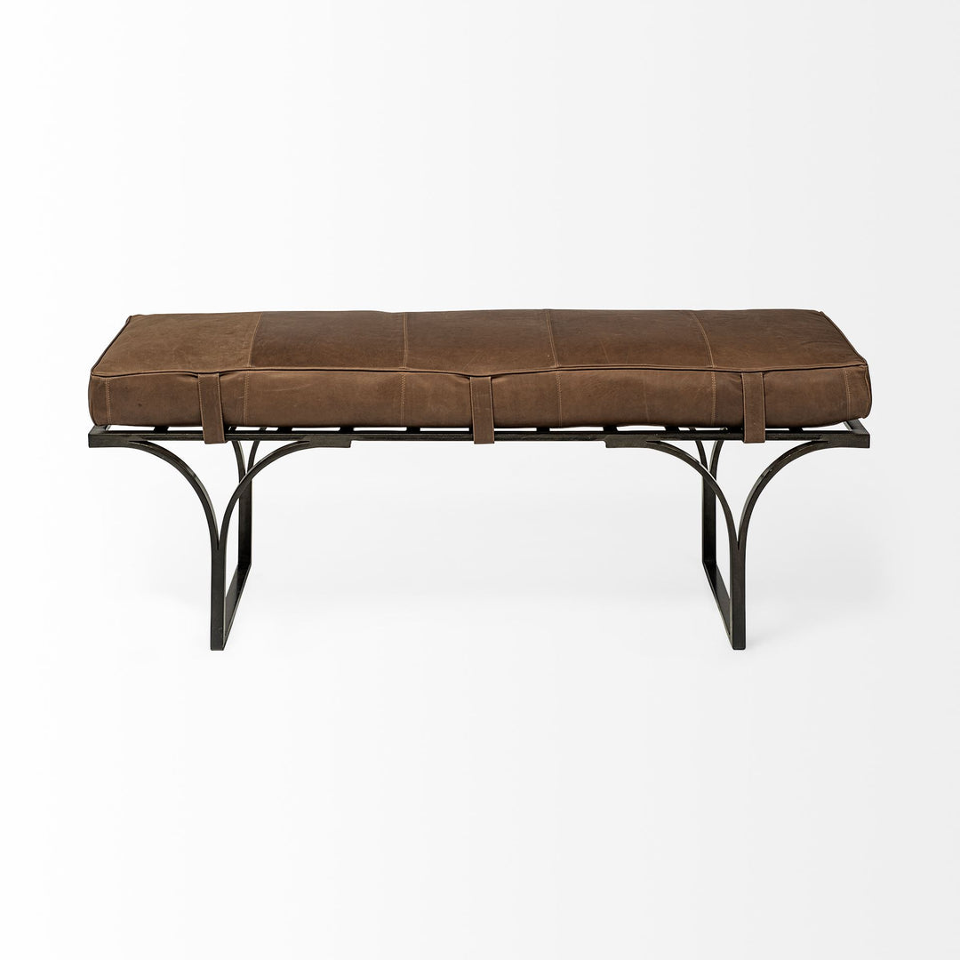 Jessie 55L x 16W Brown Leather Seat W/Black Metal Base Accent Bench Living Room Mercana