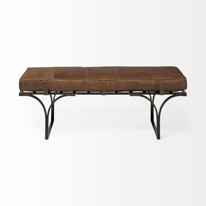 Jessie 55L x 16W Brown Leather Seat W/Black Metal Base Accent Bench Living Room Mercana