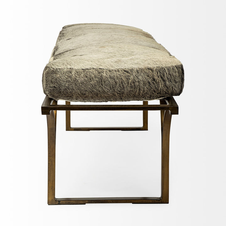 Jessie 55L x 16W White/Gray Hair-On-Hide Seat W/Gold Metal Base Accent Bench Living Room Mercana