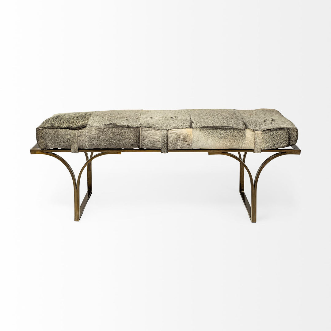 Jessie 55L x 16W White/Gray Hair-On-Hide Seat W/Gold Metal Base Accent Bench Living Room Mercana