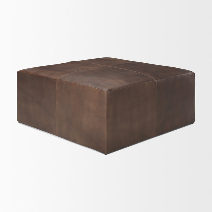 Minara 36" Square Brown Leather Wrapped w/Wood Base Ottoman Living Room Mercana
