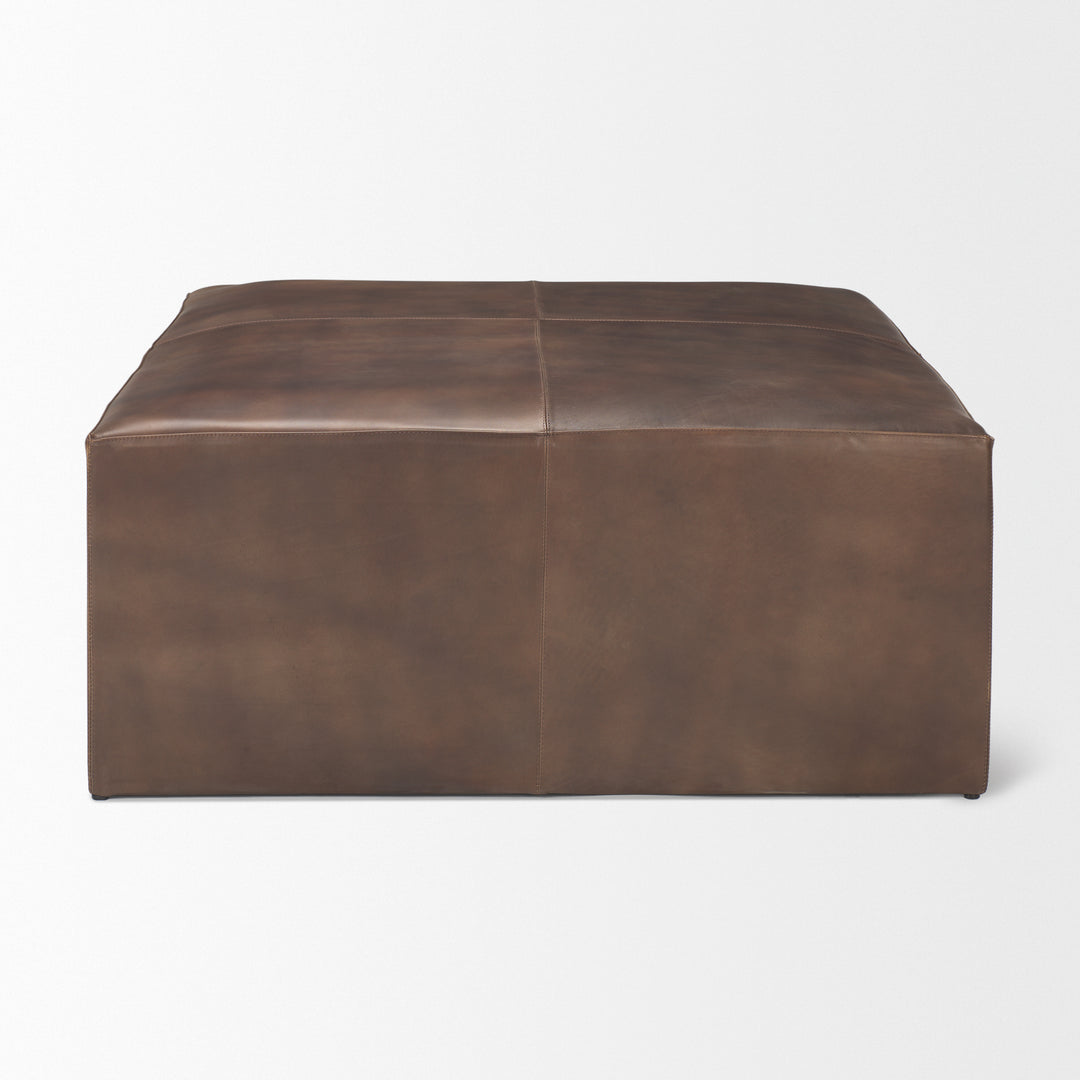 Minara 36" Square Brown Leather Wrapped w/Wood Base Ottoman Living Room Mercana