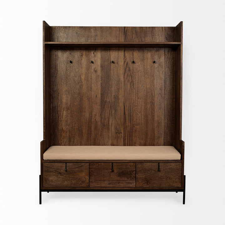 Glenn V 56L x 17W Dark Brown Wood w/ Cream Fabric Seat, 3 Drawers Hall Tree Decor Mercana