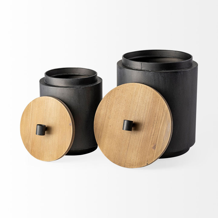 Cyril (Set of 2) Gray Metal W/ Brown Wood Lids Jars Decor Mercana