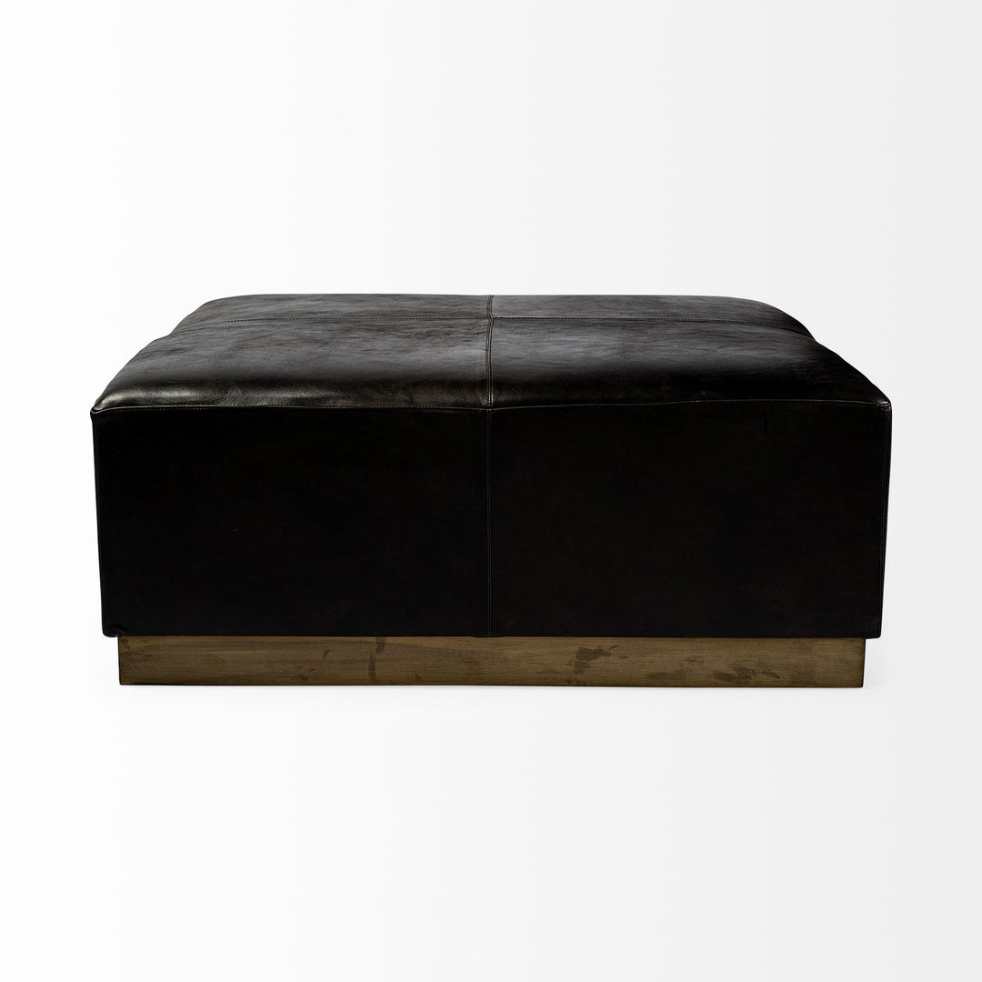Minara 36" Square Black Leather Wrapped w/Metal Base Ottoman Living Room Mercana
