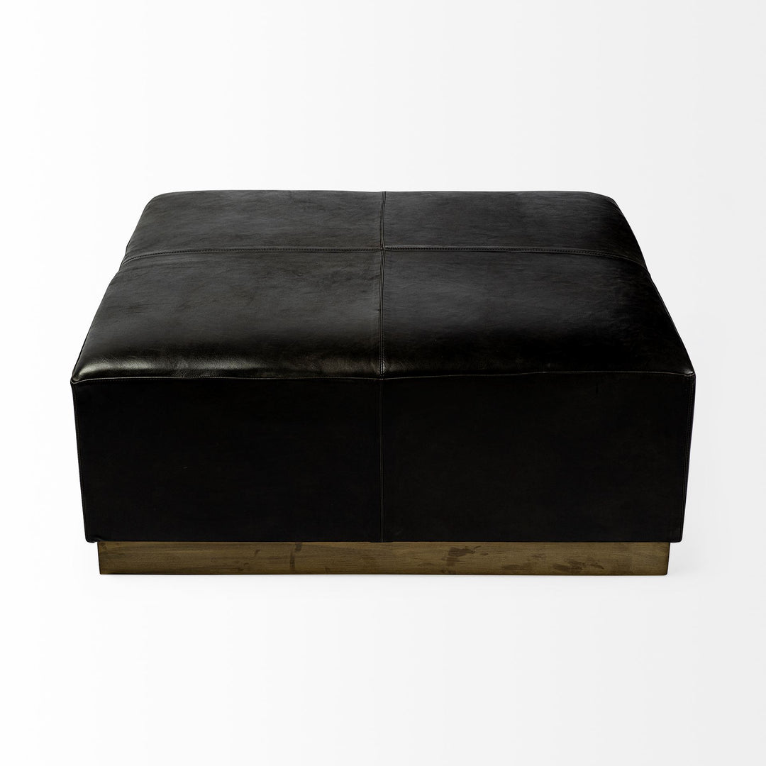 Minara 36" Square Black Leather Wrapped w/Metal Base Ottoman Living Room Mercana