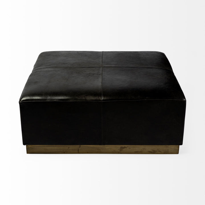 Minara 36" Square Black Leather Wrapped w/Metal Base Ottoman Living Room Mercana