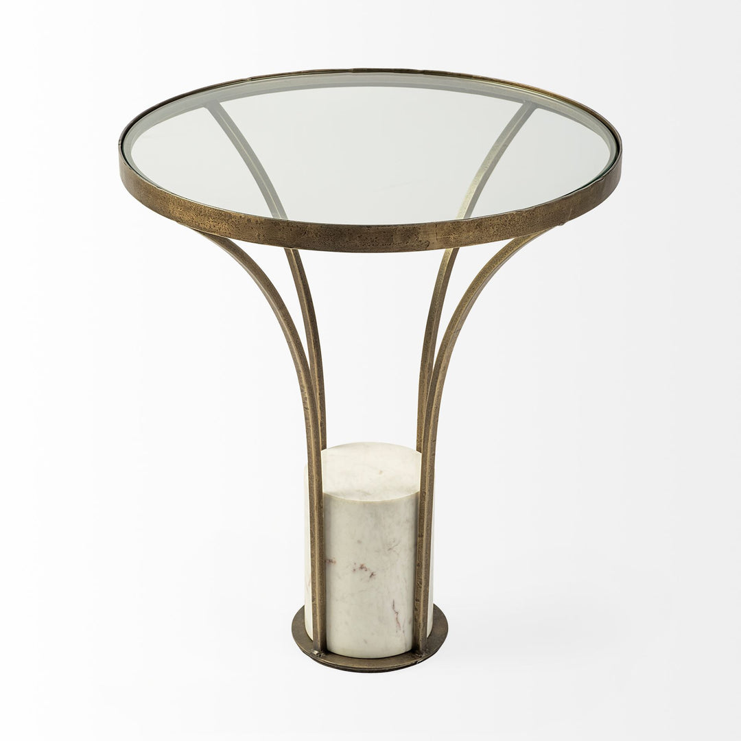 Jacinta II 21" Round Glass Top Metal and Marble Pedestal End/Side Table Living Room Mercana