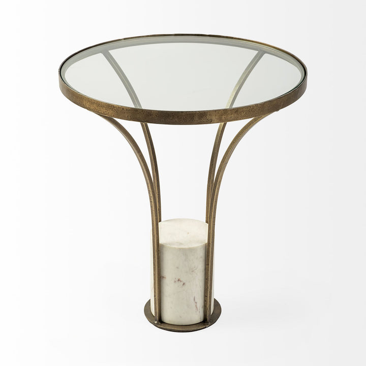 Jacinta II 21" Round Glass Top Metal and Marble Pedestal End/Side Table Living Room Mercana