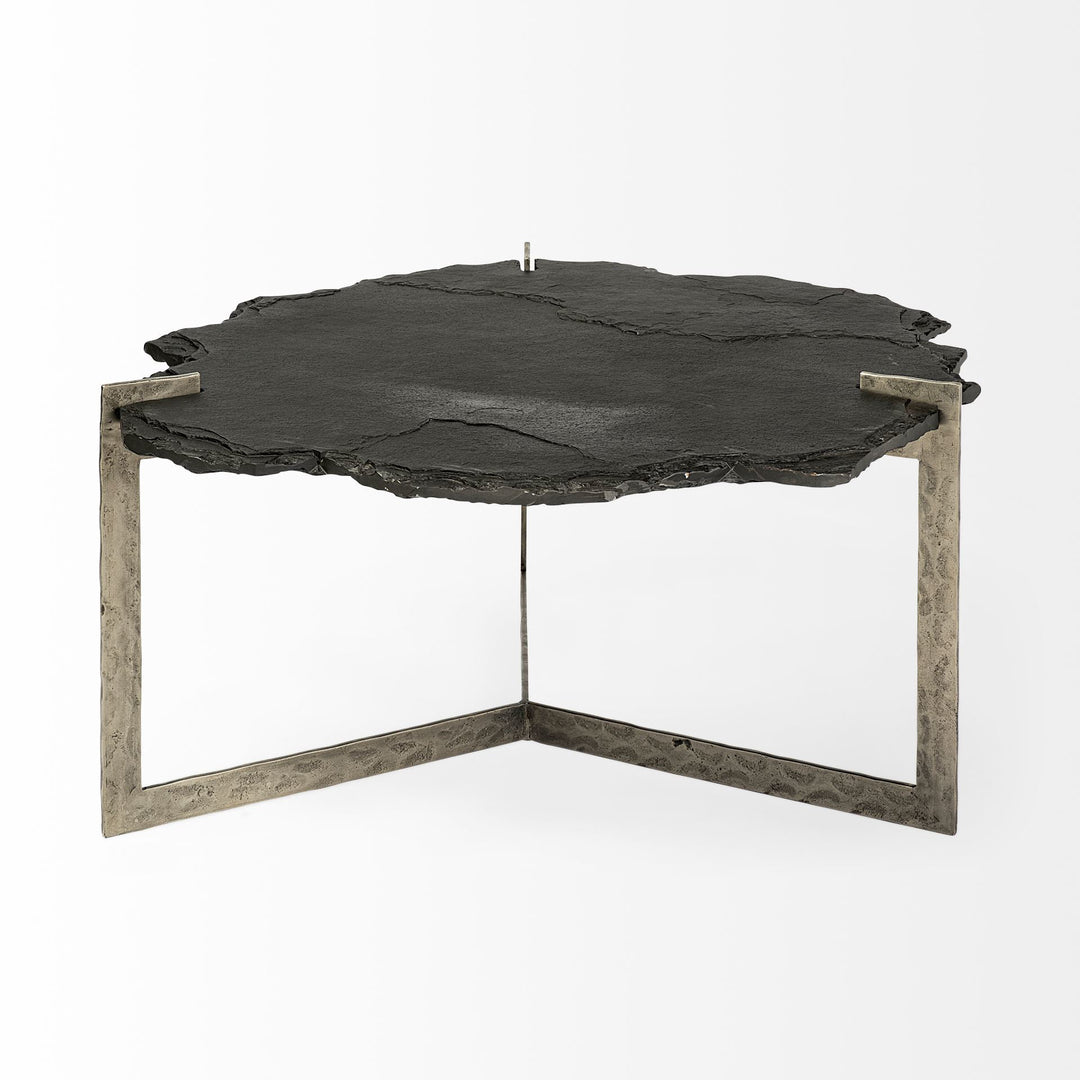 Shale 37" Irregular Live-Edge Black Slate w/Flat Iron Base Coffee Table Living Room Mercana