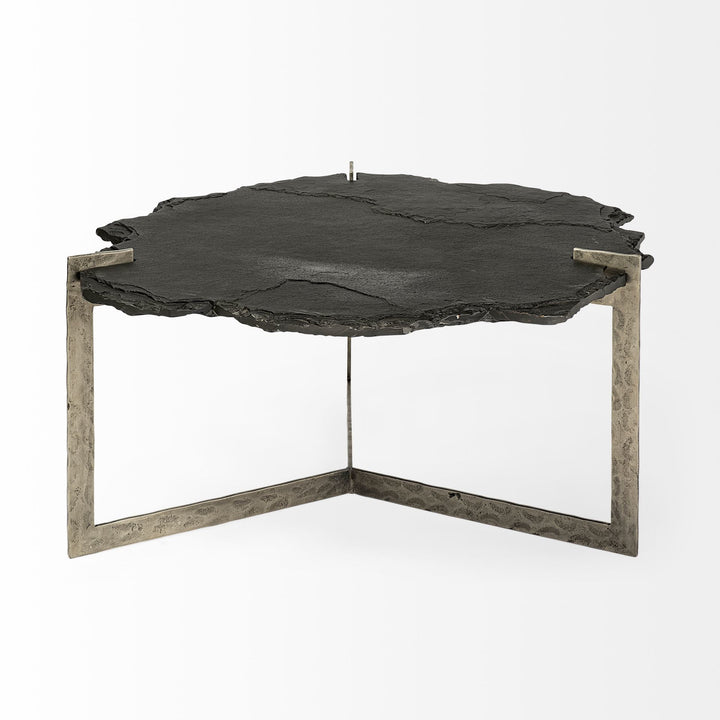 Shale 37" Irregular Live-Edge Black Slate w/Flat Iron Base Coffee Table Living Room Mercana