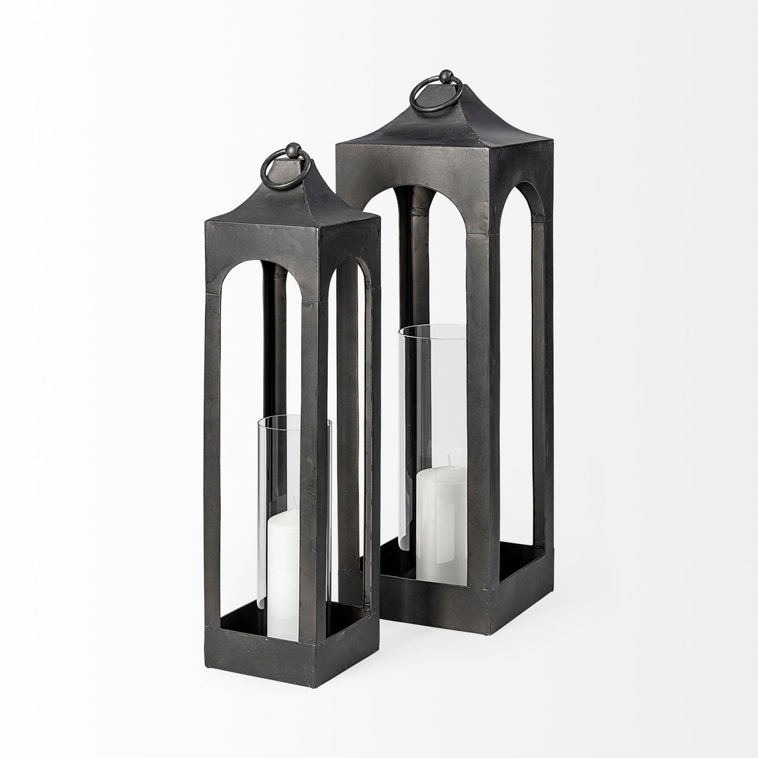 Ina Short Charcoal Metal Candle Holder Lantern Decor Mercana