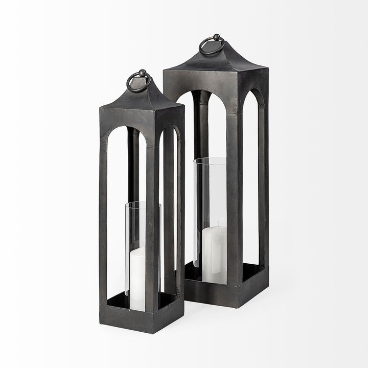 Ina Short Charcoal Metal Candle Holder Lantern Decor Mercana
