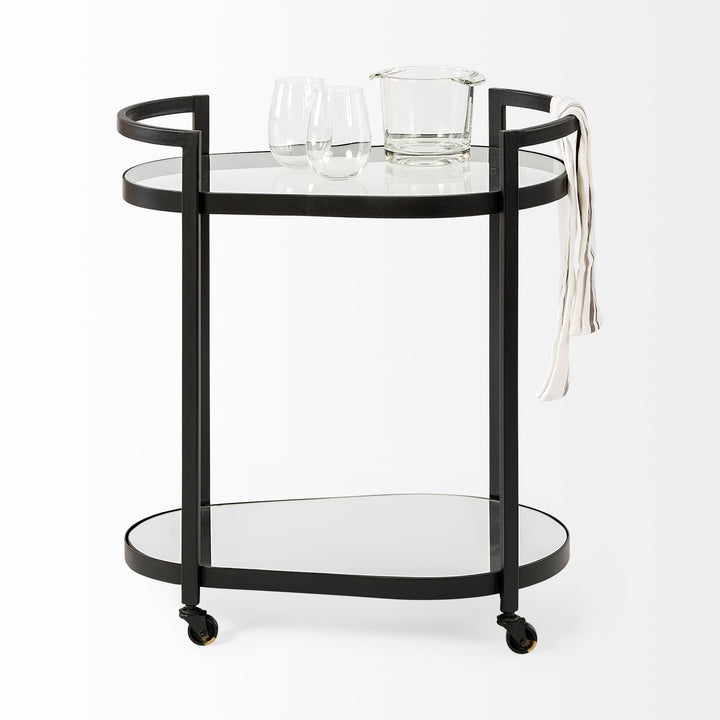 Eleonore Black Metal Frame Two-Tier w/Glass Shelves Bar Cart Dining Room Mercana
