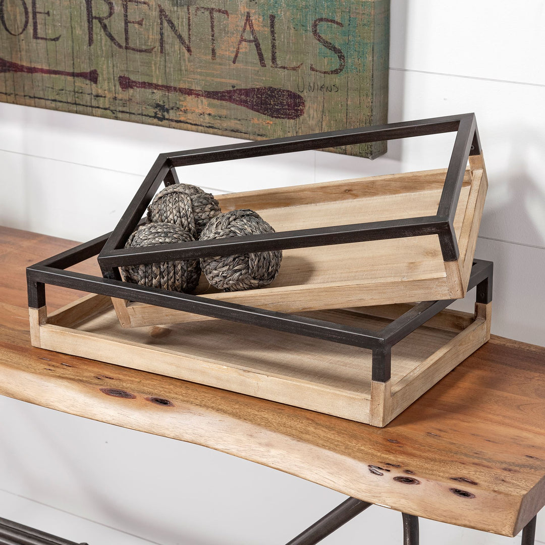 Ross Set of 2 Natural Wood W/ Black Metal Nesting Trays Decor Mercana