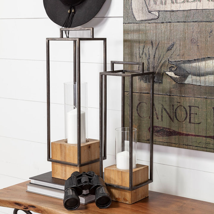 Orionis Large Wood w/ Black Metal Lantern Candle Holder Decor Mercana