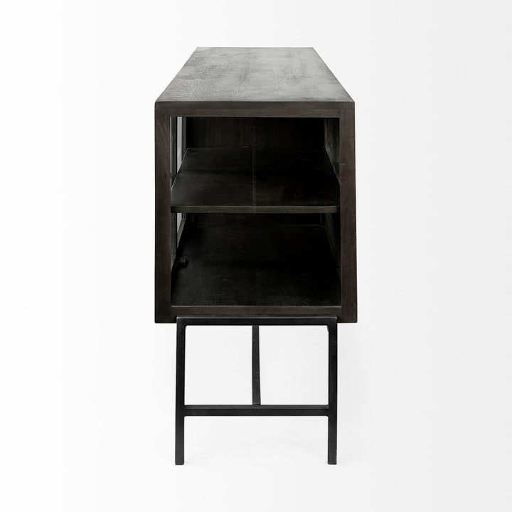 Arelius Black-Brown Wood, Black Metal Base w/ 4 Glass Cabinet Doors Sideboard Dining Room Mercana