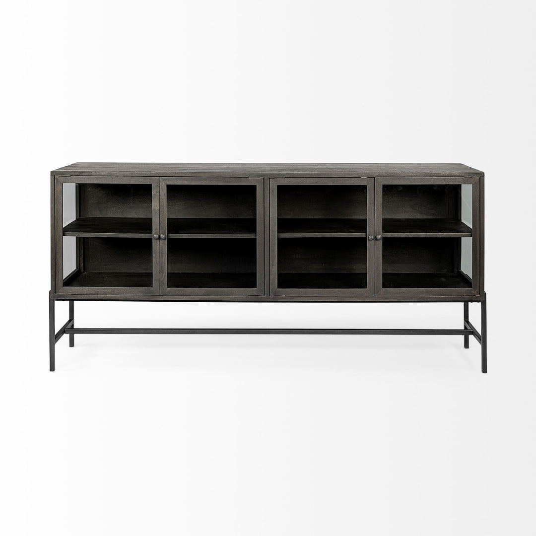 Arelius Black-Brown Wood, Black Metal Base w/ 4 Glass Cabinet Doors Sideboard Dining Room Mercana