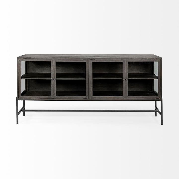 Arelius Black-Brown Wood, Black Metal Base w/ 4 Glass Cabinet Doors Sideboard Dining Room Mercana