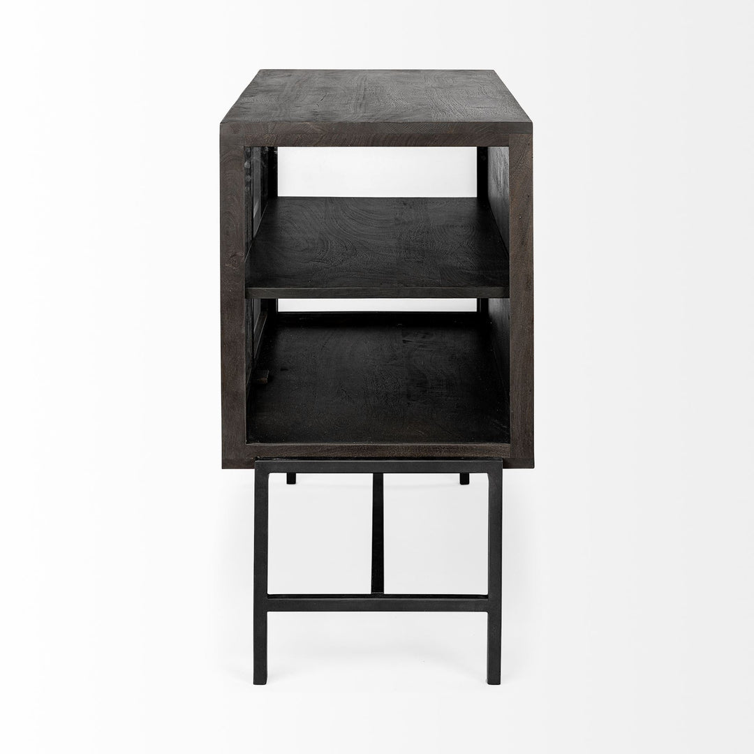 Arelius 36L x 18W Black-Brown Wood, Black Metal Base w/ 2 Glass Doors Accent Cabinet Decor Mercana