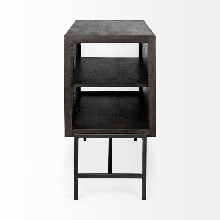 Arelius 36L x 18W Black-Brown Wood, Black Metal Base w/ 2 Glass Doors Accent Cabinet Decor Mercana