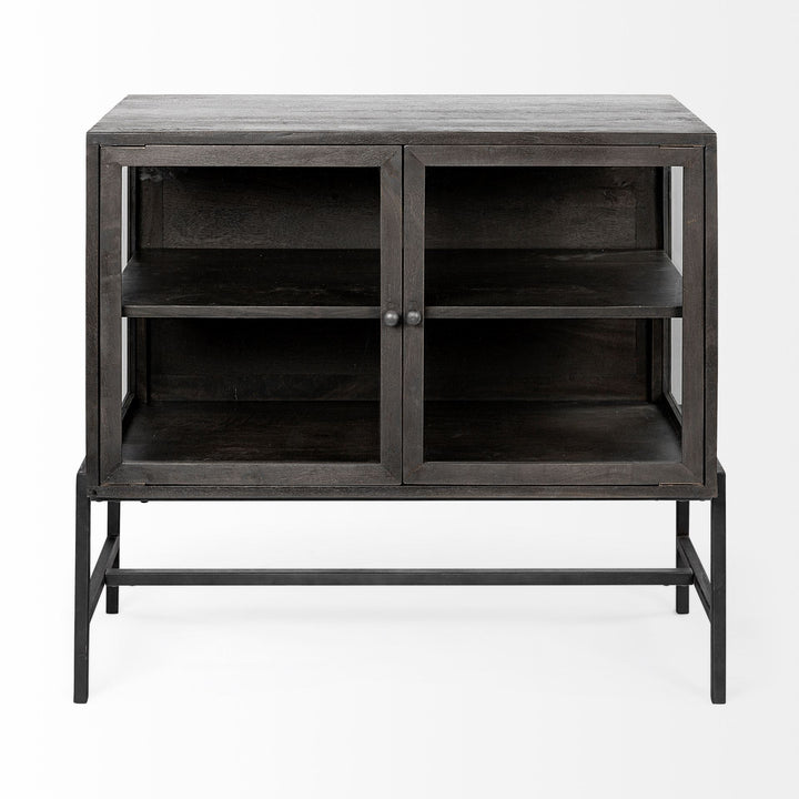 Arelius 36L x 18W Black-Brown Wood, Black Metal Base w/ 2 Glass Doors Accent Cabinet Decor Mercana