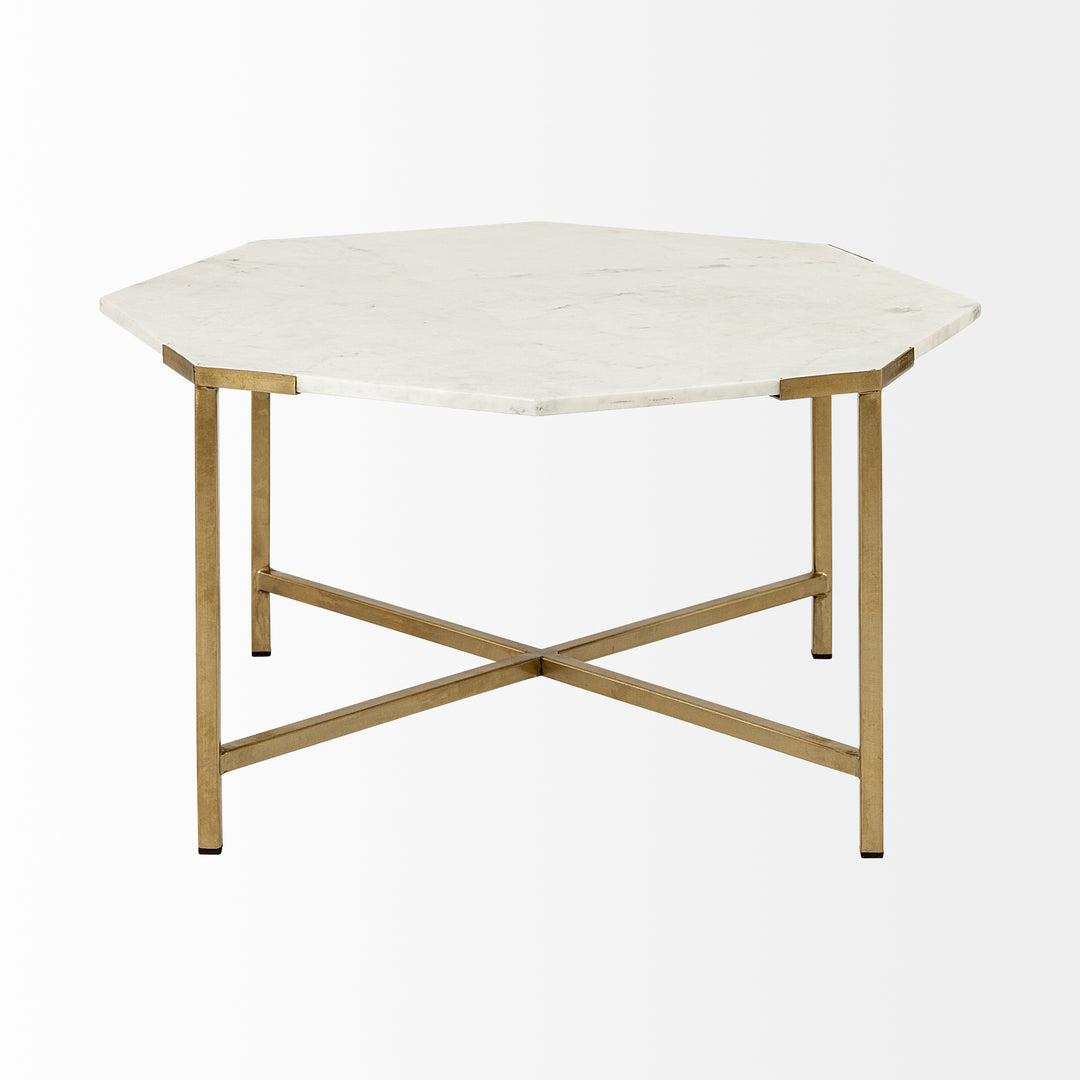 Vincent 33" Octagonal White Marble Tabletop w/ Gold Metal Base Coffee Table Living Room Mercana