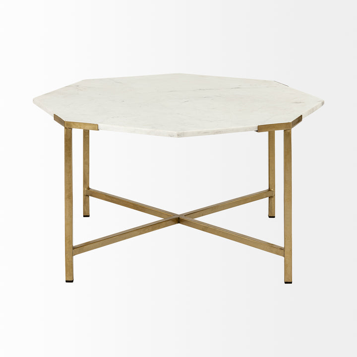 Vincent 33" Octagonal White Marble Tabletop w/ Gold Metal Base Coffee Table Living Room Mercana