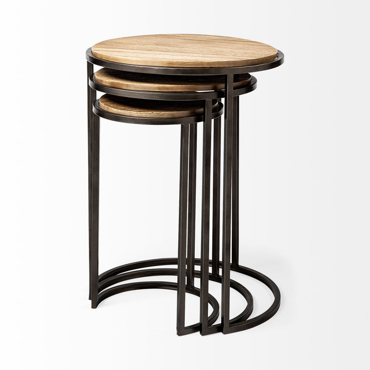 Glover (Set of 3) 20L x 20W Brown Wood Round Top W/Metal Nesting Accent Tables Dining Room Mercana