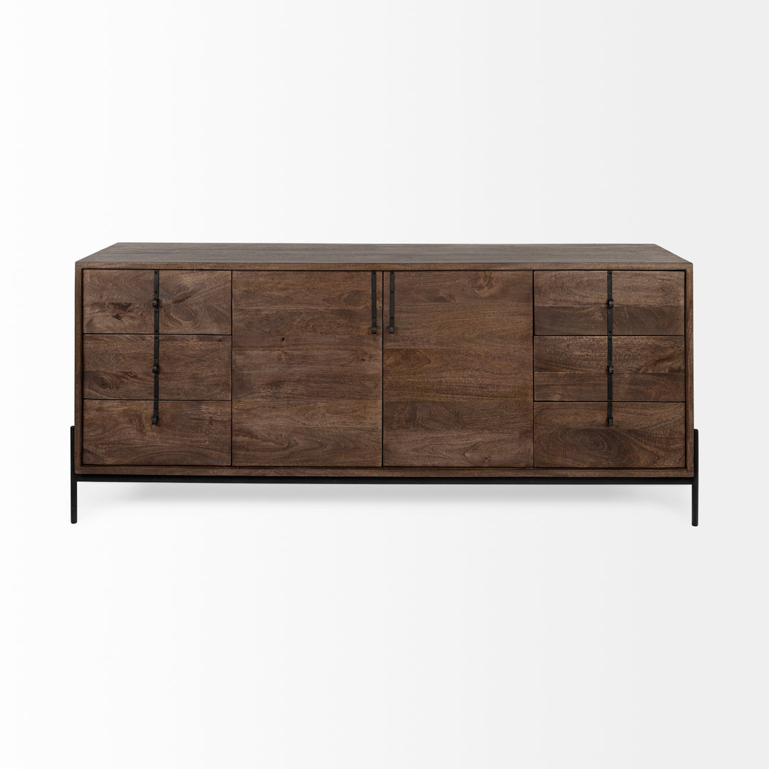 Glenn VI 71.5x18 Dark Brown Wood Frame w/ Black Iron Accent, 6 Drawer, 2 Door Cabinet Sideboard Bedroom Mercana