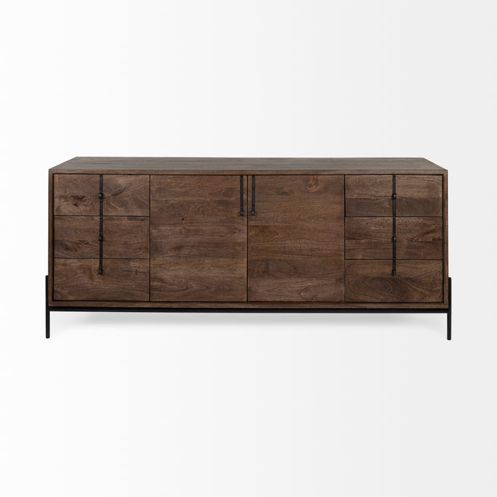 Glenn VI 71.5x18 Dark Brown Wood Frame w/ Black Iron Accent, 6 Drawer, 2 Door Cabinet Sideboard Bedroom Mercana