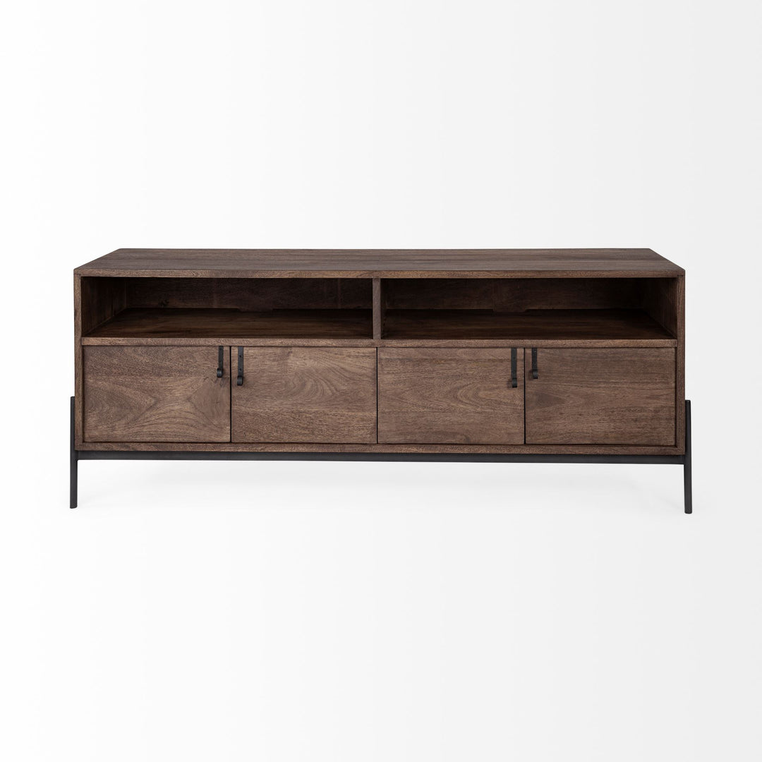 Glenn IV Dark Brown Wood w/ Black Iron Frame Media Console w/ Storage, TV Stand for TV up to 71" Bedroom Mercana