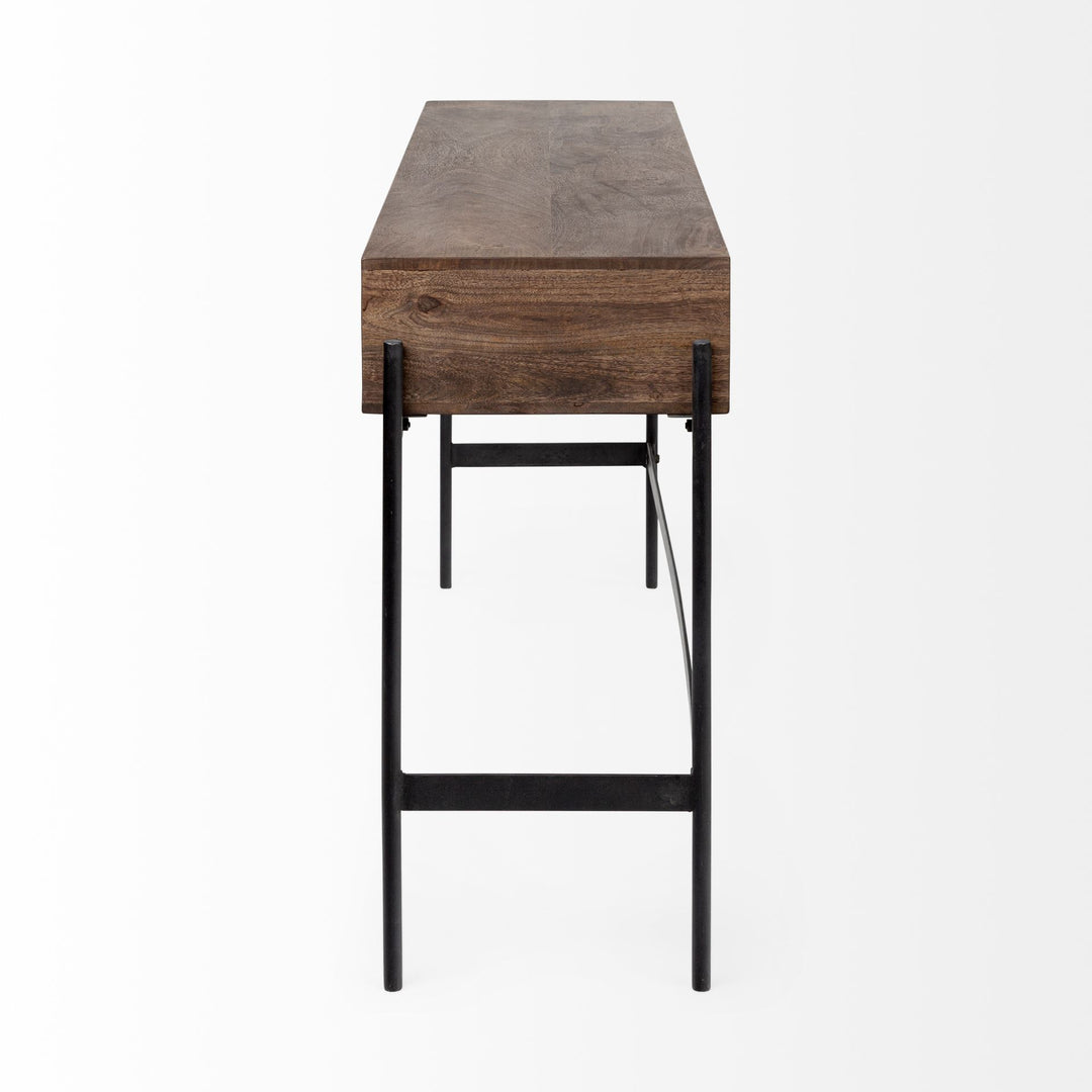 Glenn III 56L x 14W Dark Brown Wood w/ Black Iron Frame, 4 Drawer Console Table Decor Mercana