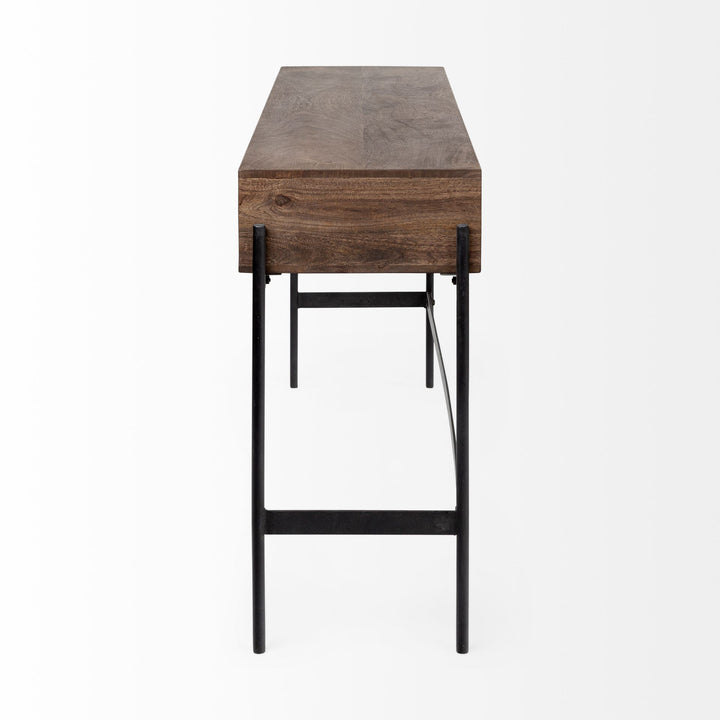 Glenn III 56L x 14W Dark Brown Wood w/ Black Iron Frame, 4 Drawer Console Table Decor Mercana