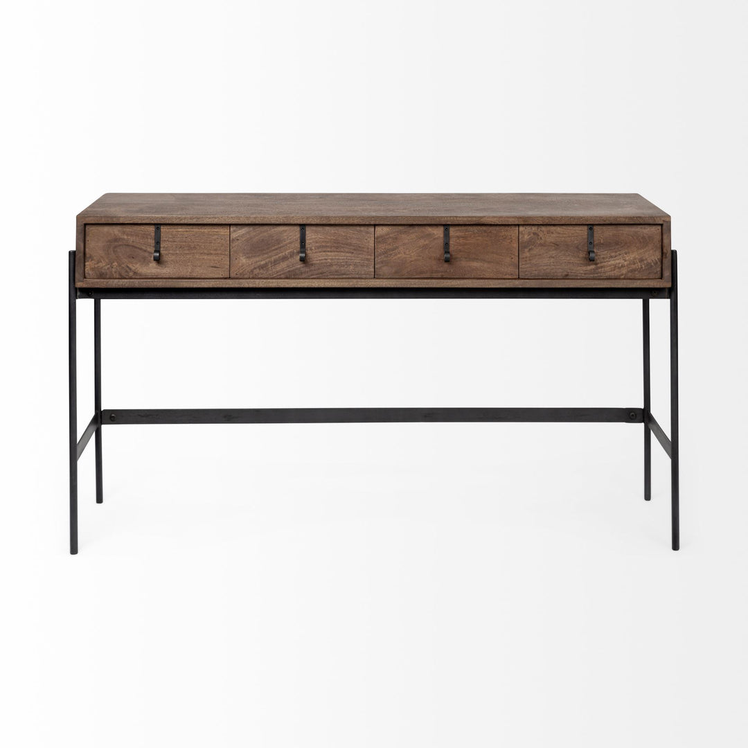 Glenn III 56L x 14W Dark Brown Wood w/ Black Iron Frame, 4 Drawer Console Table Decor Mercana